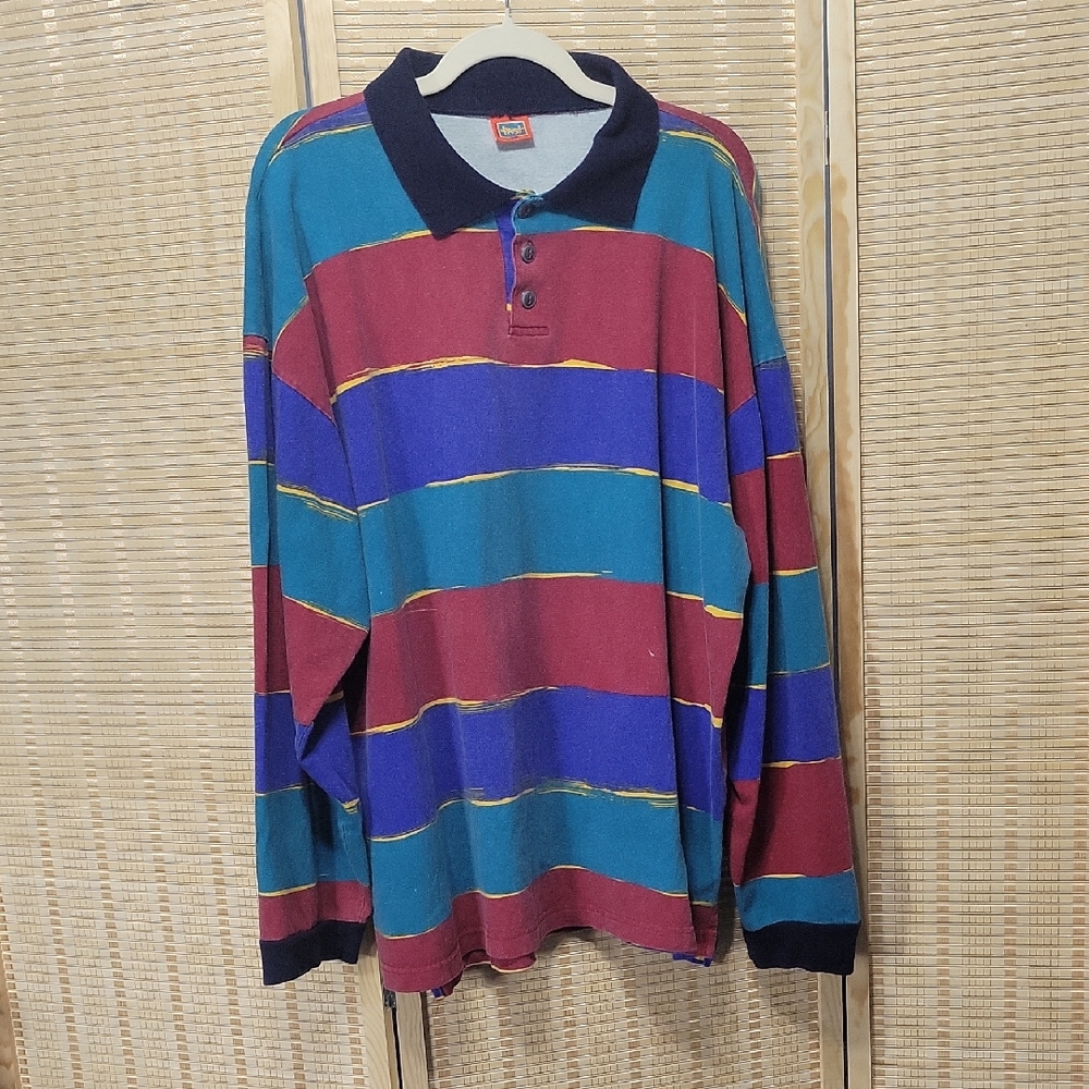 Vintage Fast Men's Long-sleeved Striped Polo - Size L-XL